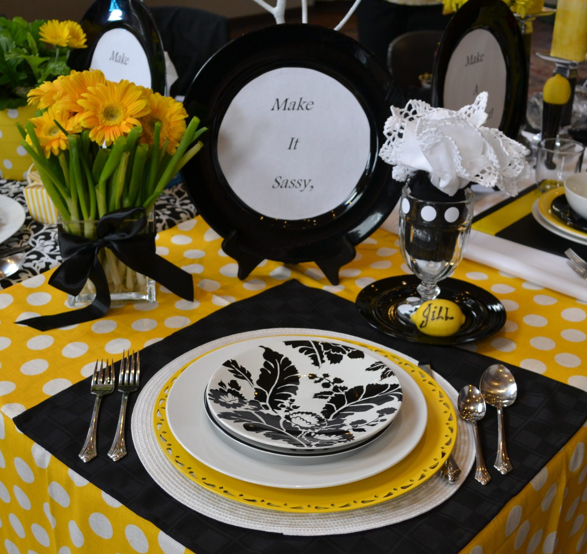 Black white yellow table placesetting at Relish Cooking Show lizbushong.com