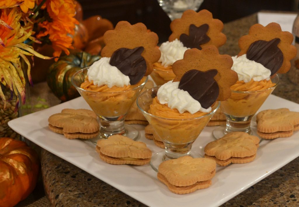 Easy Pumpkin mousse with chocolate leaves. lizbshong.com
