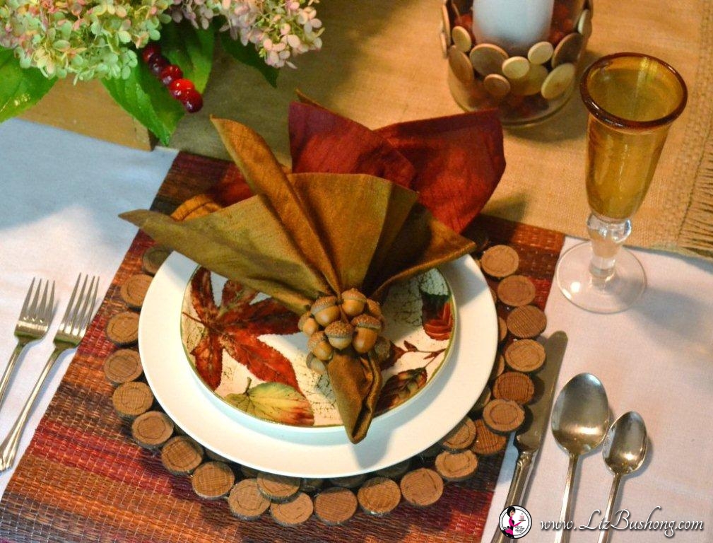 Acorn, leaf, wooden charger overhead placesetting