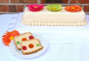 spot on cake loaf with slices