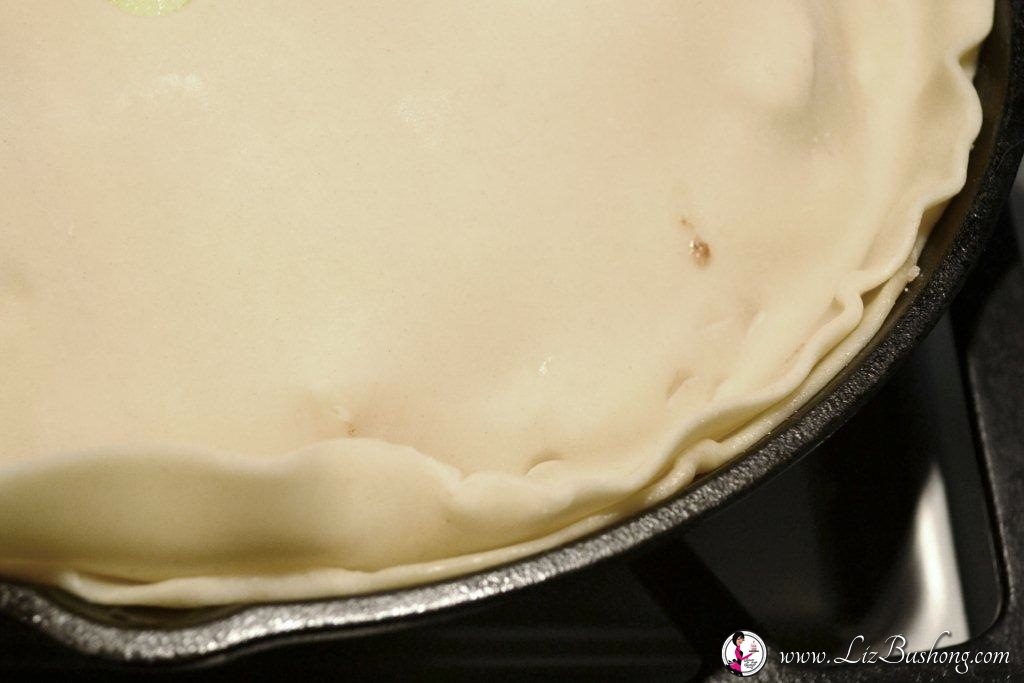 Crimping pie crust edges on skillet Caramel Apple Pie  lizbushong.com