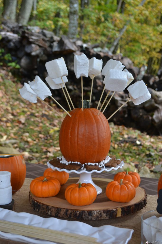 smore pumpkin dessert buffet:marshmallow centerpiece|www.lizbushong.com