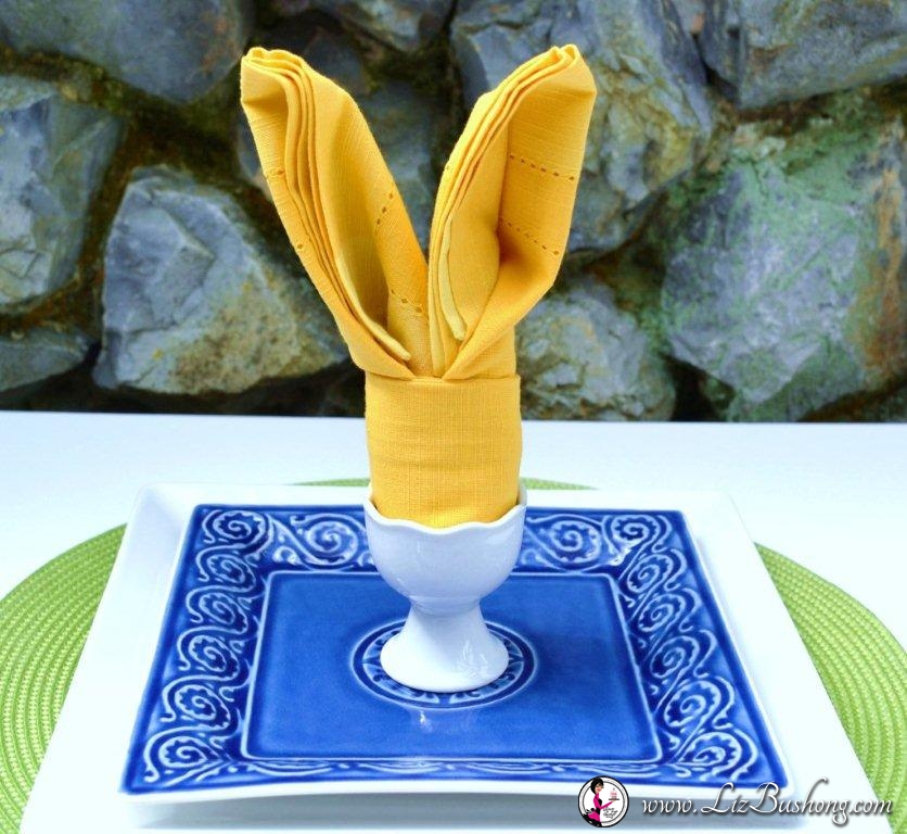 Bunny Ears napkin fold-blue plate-www.lizbushong.com