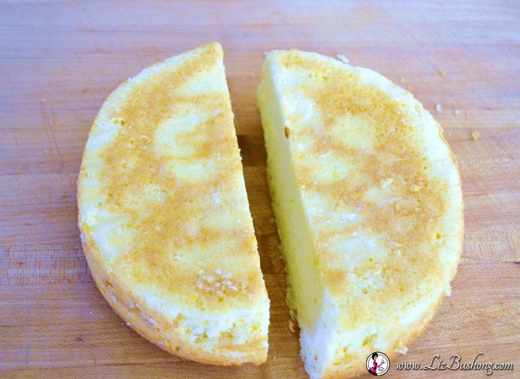 HOW to make Easter Bunny Cake- cut cake halves-www.lizbushong.com