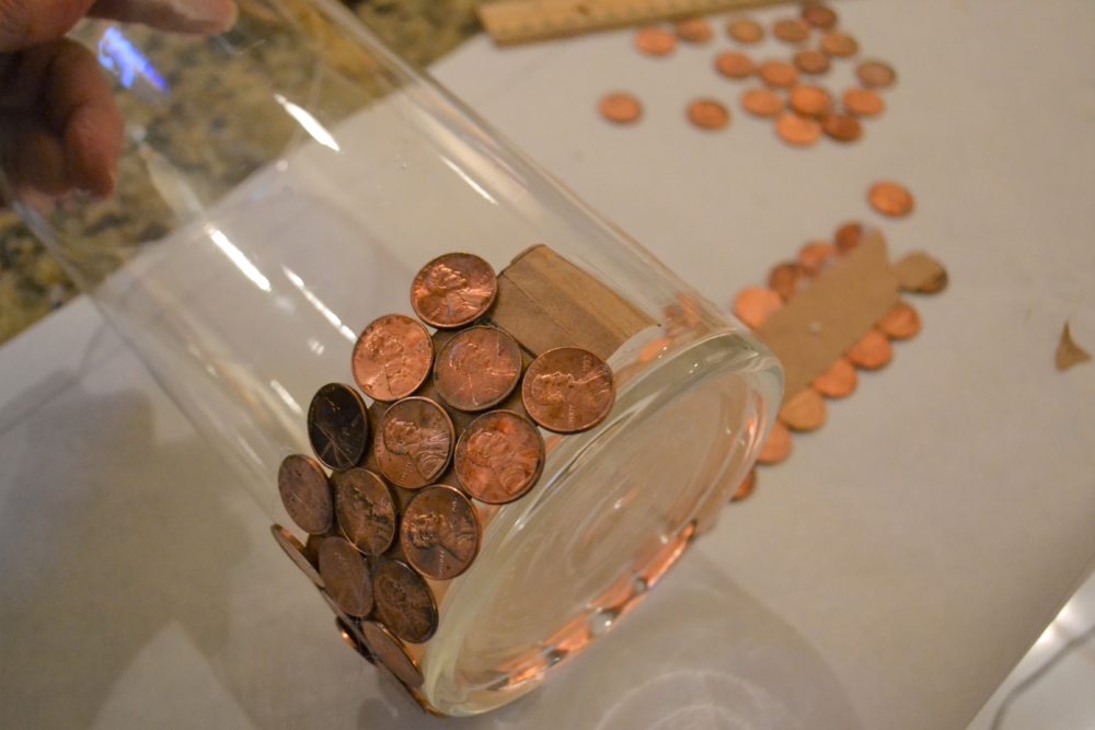 Copper & Bronze tablescape-pennies on paper band-lizbushong.com