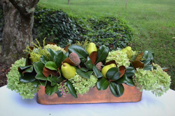 Copper & Bronze tablescape-centerpiece- hydrangea, pears, magnolia leaf-lizbushong.com -1