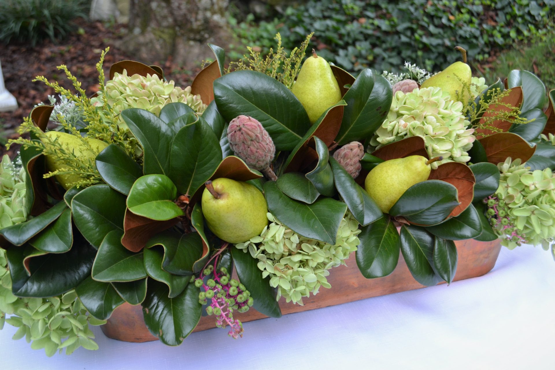 Copper & Bronze tablescape-centerpiece- hydrangea, pears, magnolia leaf-lizbushong.com