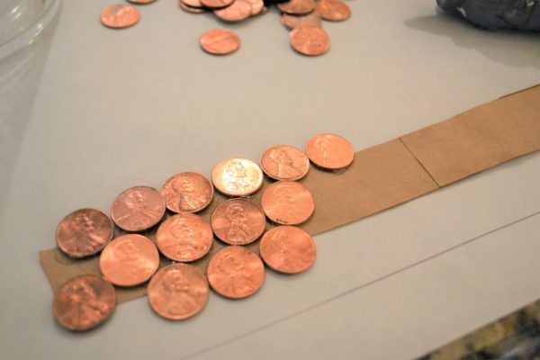 Copper & Bronze tablescape-pennies on paper band-lizbushong.com