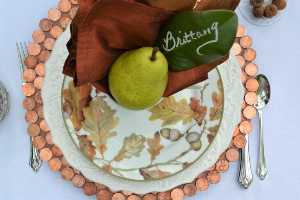 Copper & Bronze tablescape- placestting with penny charger-lizbushong.com