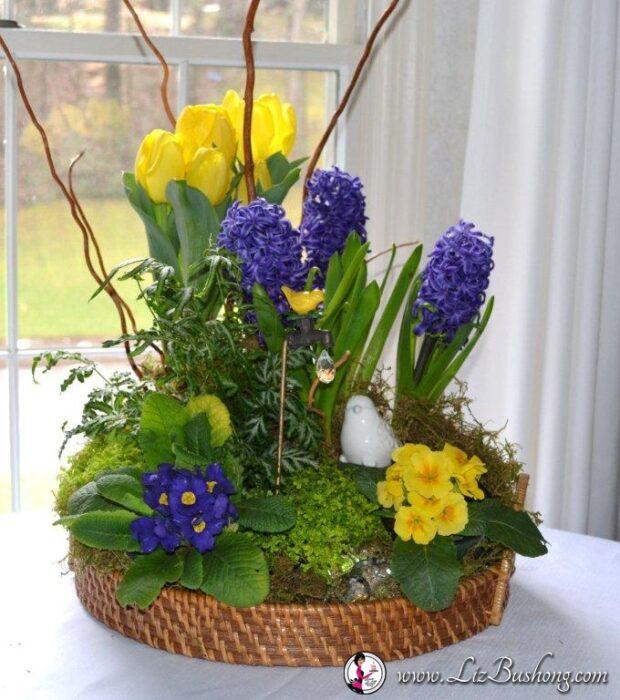 Spring Tabletop arrangement using potted spring flowers, lizbushong.com