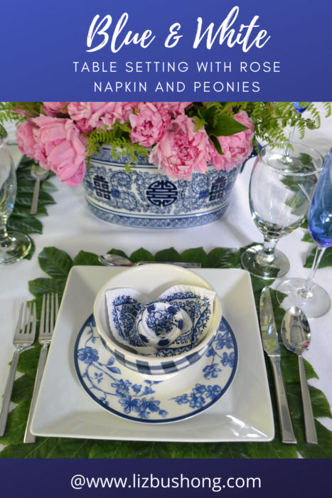 Blue & White Table Setting with peonies lizbushong.com