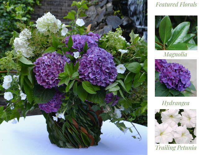 Florals hydrangea magnolia bucket centerpiece lizbushong.com