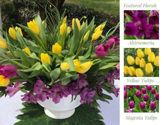 Florals purple yellow tulip centerpiece lizbushong.com
