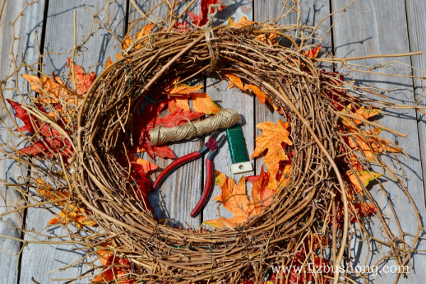 Wrapping Two Wreaths together for Fall Apple Wreath lizbushong.com