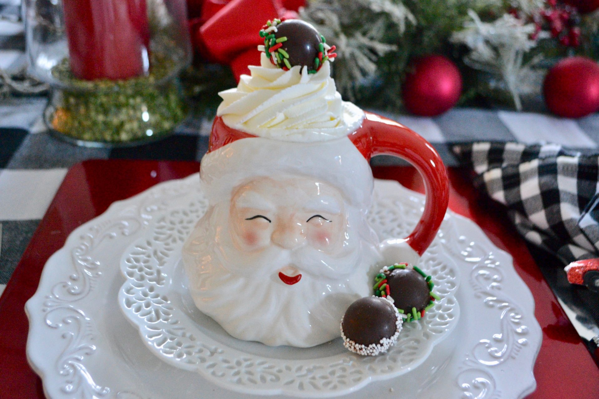 Santa Mug of hot chocolate mini chocolate bombs with sprinkles lizbushong.com