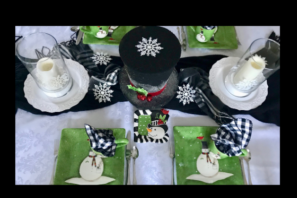 A Winter Tablescape With Snowman Spice Cake Centerpiece – Between