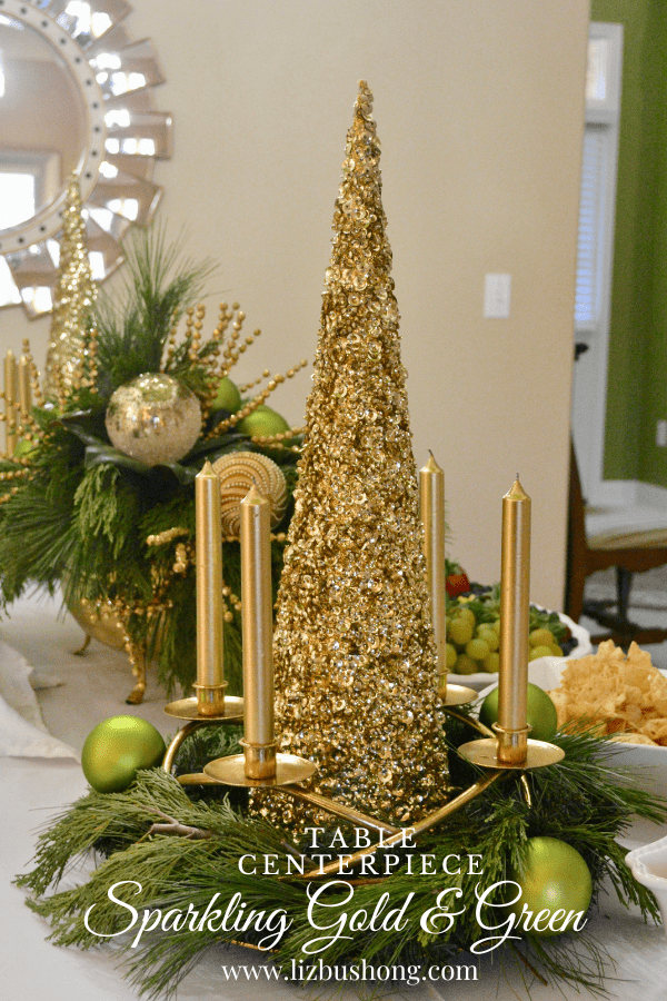 Christmas Table centerpiece gold & green color scheme lizbushong.com