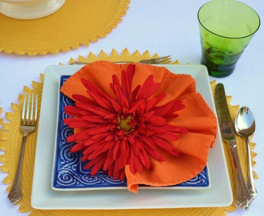 How to make orange  flower napkin fold for Gerber daisy tablescape lizbushong.com