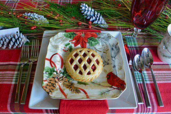 Mini Cran apple lattice pies at placesetting tartan plaid Christmas table lizbushong.com