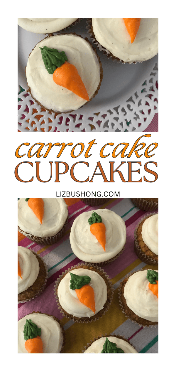 How to make Carrot Cake Cupcakes with mini frosting carrots with leafy stems.
