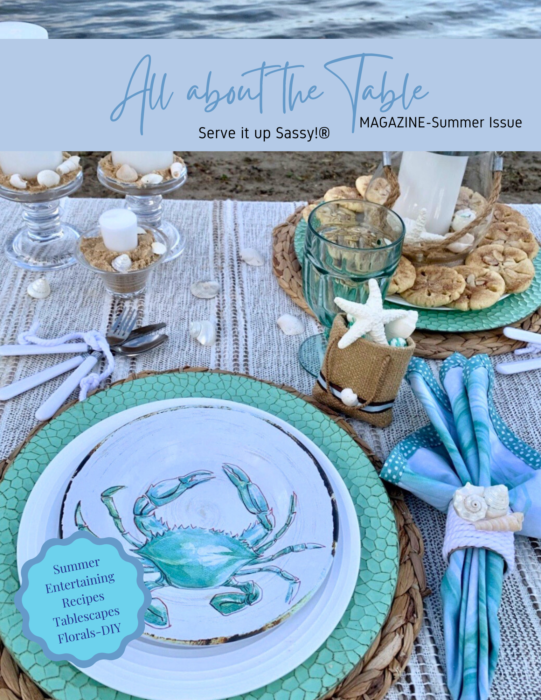 Cover photo of All About the Table Digital magazine feauring entertaining ideas-Beachy Table Seaside Dinner for two on Cover.