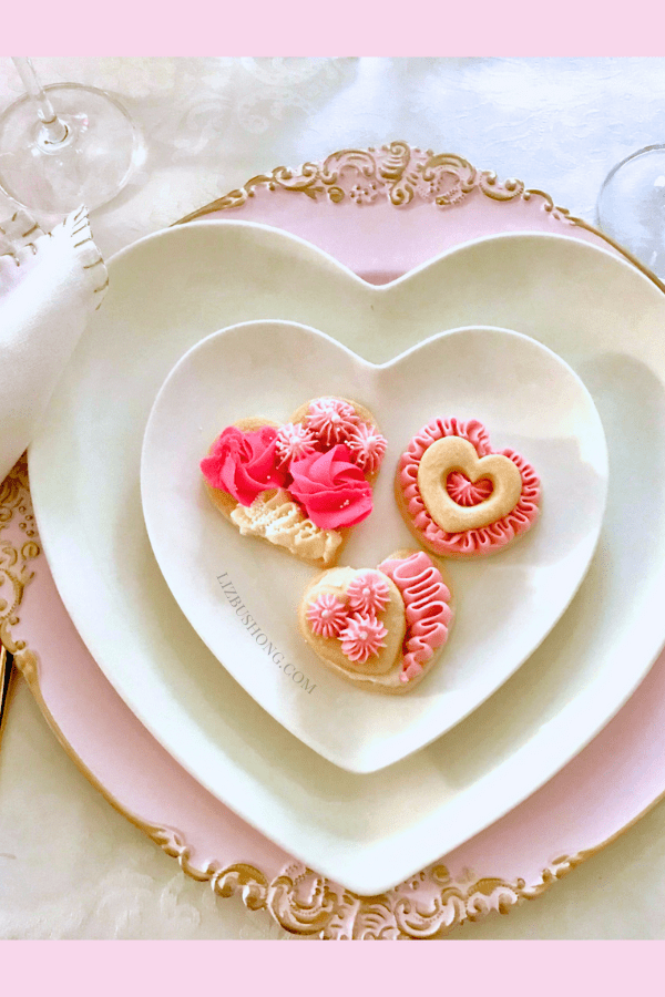 Heart Butter cookies decorated swirls, stars, ribbons featured All About the Table Magazine by Liz Bushong