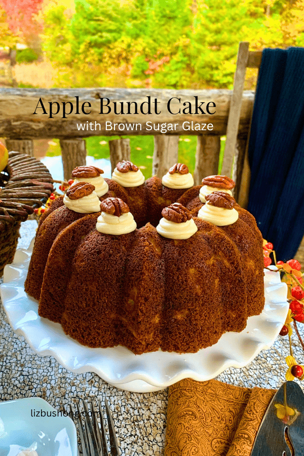 Apple Bundt Cake with Brown Sugar Glaze, Cinnamon Cream Cheese frosting dollops lizbushong.com
