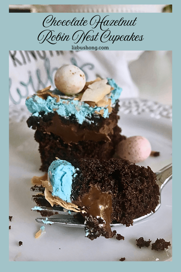 Chocolate Hazelnut Robin Egg Nest cupcakes with tiny chow mein nest lizbushong.com