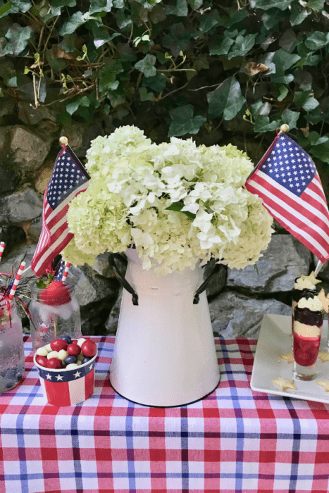 250th Celebration 4th of July charcuterie board/table-White hydrangea centerpiece lizbushong.com